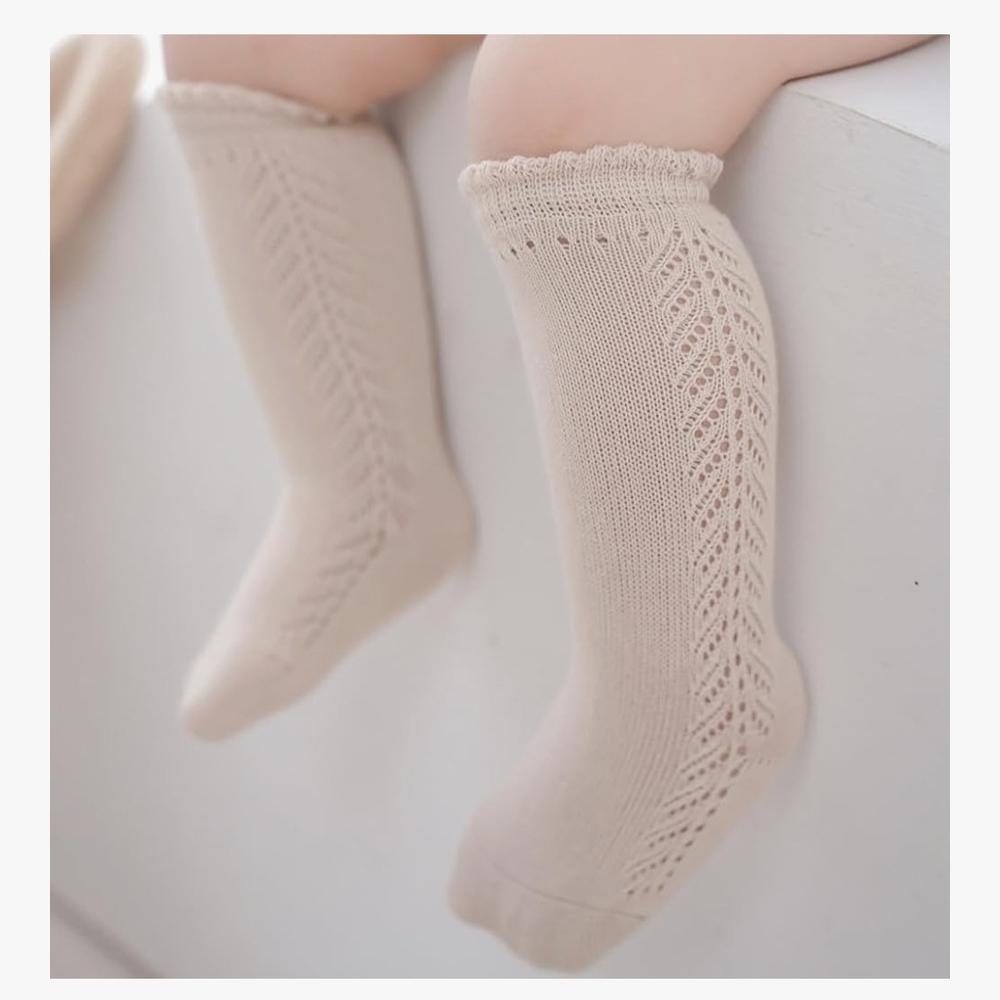 Toddler Girl Beige Knit Knee High Socks Vintage Style Holiday Neutral Accessory